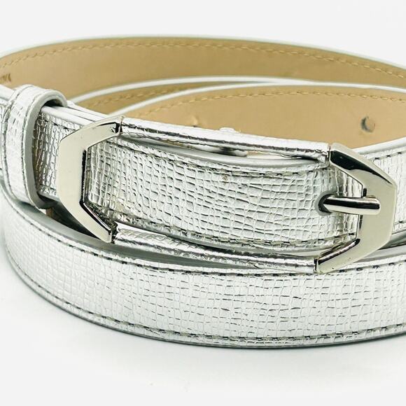 Cole Haan Silver Metallic Textured Leather Chic Skinny Belt - Picture 2 of 8